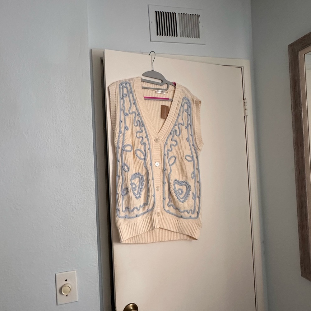 Vestique Cream and Blue Cardigan Vest